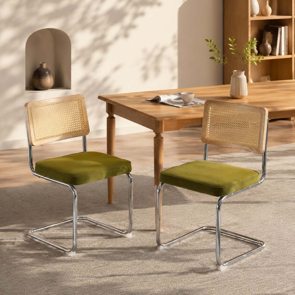 Welltin Eetkamerstoelen - Set Van 2 - Eettafelstoel - Gestoffeerde eetkamerstoel - Eetkamerstoelen - Met rugleuning - Rieten rugleuning - Fluweel - Metalen stoelpoten - Middeleeuwse Stijl - Olijfgroen