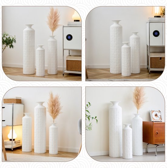 HAUSS SPOLE Vaas – Set Van 3 Handgemaakt – 50 65 85 Cm – Metaal – Wit – Vloervaas Voor Woonkamer Hal Of Entree – Getextureerd