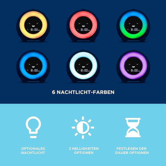 Kinderwekker Slaaptrainer - Nachtlamp Geluidsmachine - Kind Langer Slapen - Met Kleur En Mimiek - 11 cm Hoog - Blauw — afbeelding 2