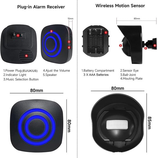 Bewegingsmelder, doorgangsmelder, alarm, kattenbel, draadloze alarmsysteemset met plug in ontvanger en PIR-sensordetector voor kantoor, winkel of thuis — afbeelding 5