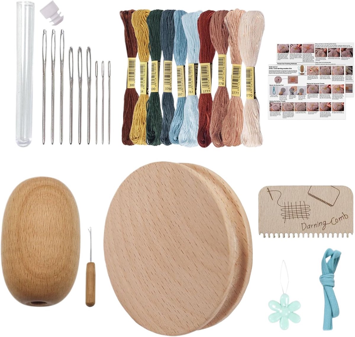Stopset met naalden - Reparatieset kleding - Kleding repareren - Inclusief 10 garens - 9 naalden - Houtkleur