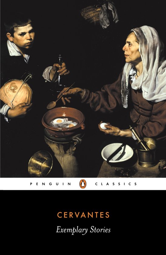Boekomslag van Exemplary Stories door Cervantes met Velázquez' schilderij Oude vrouw bakt eieren.