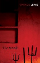 Boek kaft met rode achtergrond, de titel 'The Monk' en 'VINTAGE LEWIS'. Twee zwarte drietanden links en rechts.