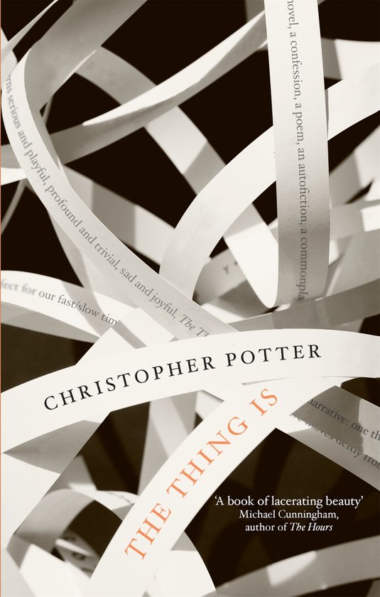 Livre 'The Thing Is' de Christopher Potter, avec une conception de bandes de papier blanches avec du texte.