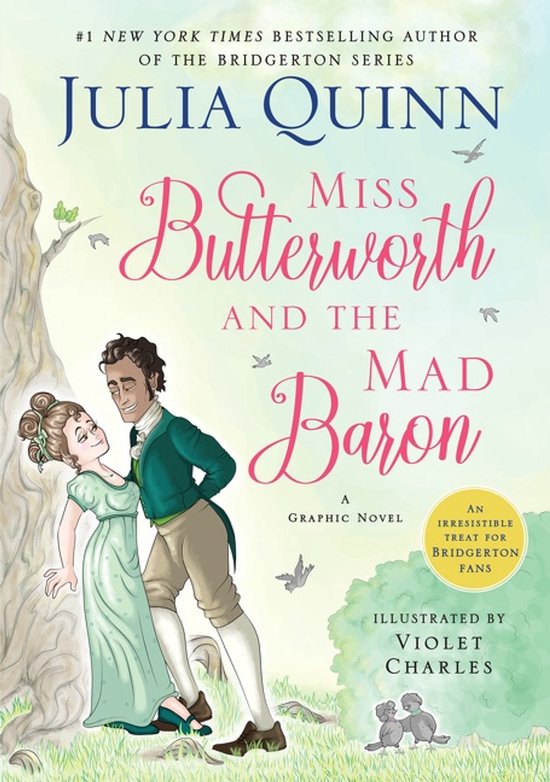 Boekomslag van 'Miss Butterworth and the Mad Baron' door Julia Quinn. Een stel in 18e-eeuwse kledij staat in een veld onder een boom.