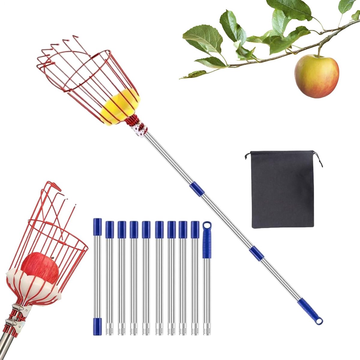 Fruitplukstok - Plukgereedschap - Fruit Oogsten - Uitschuifbare Steel - 4 Meter - Zilver