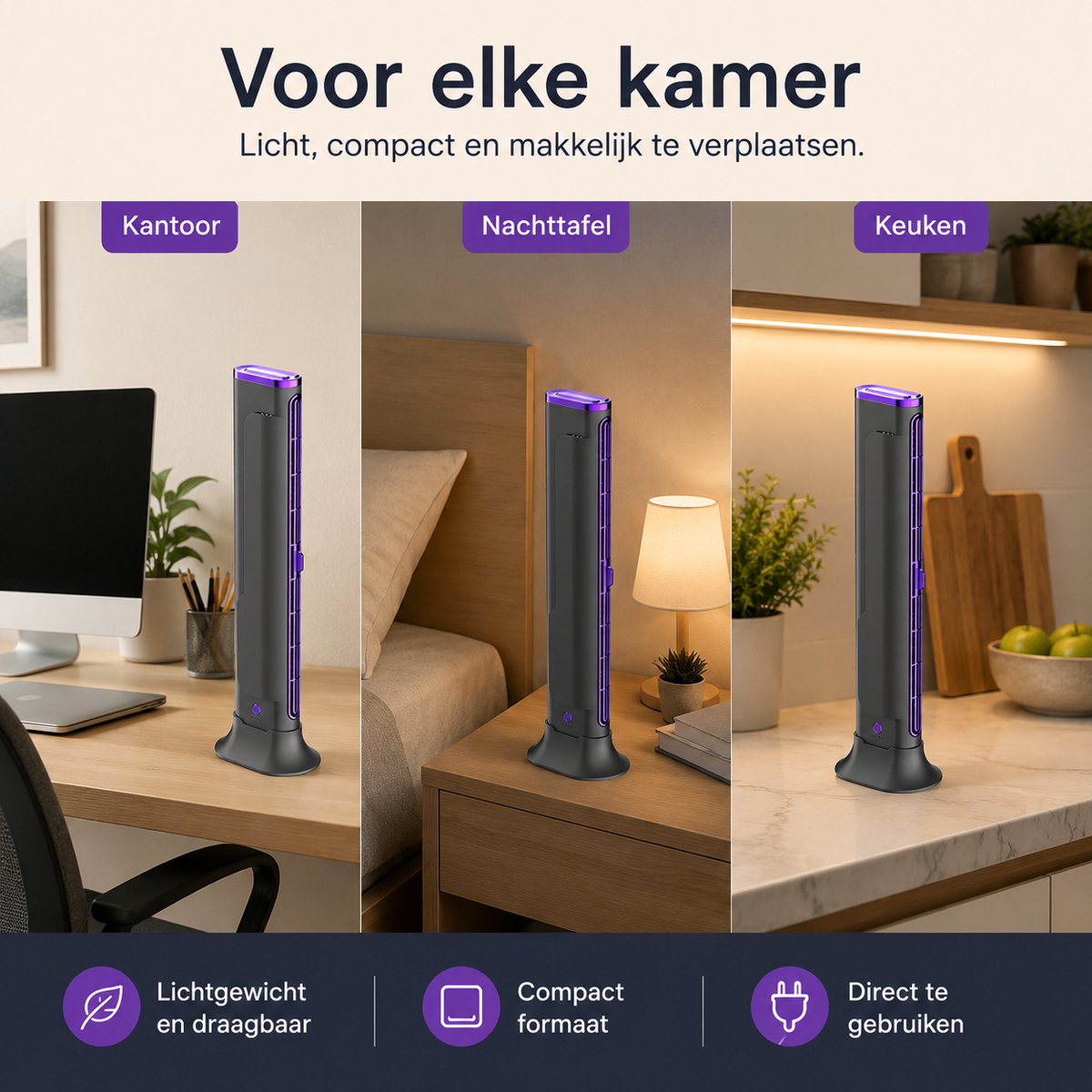 VHV - Torenventilator - Bladloos - Tafelventilator - Ventilatoren - Ventilator staand - Bureauventilator - Bladloze ventilator - Mini airco - Oplaadbaar - USB - Stil - Voor onder monitor en kantoor - Draadloos - 1200 mAh - 37*10.8*6.8CM - Grijs-paars – foto 4