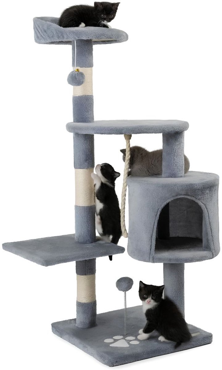 SP® Krabpaal - 2 Pluche Ballen & Speel Touw - Katten Krabpaal - Kattenkrabpaal - Lichtgrijs - 40cm x 60cm x 112cm