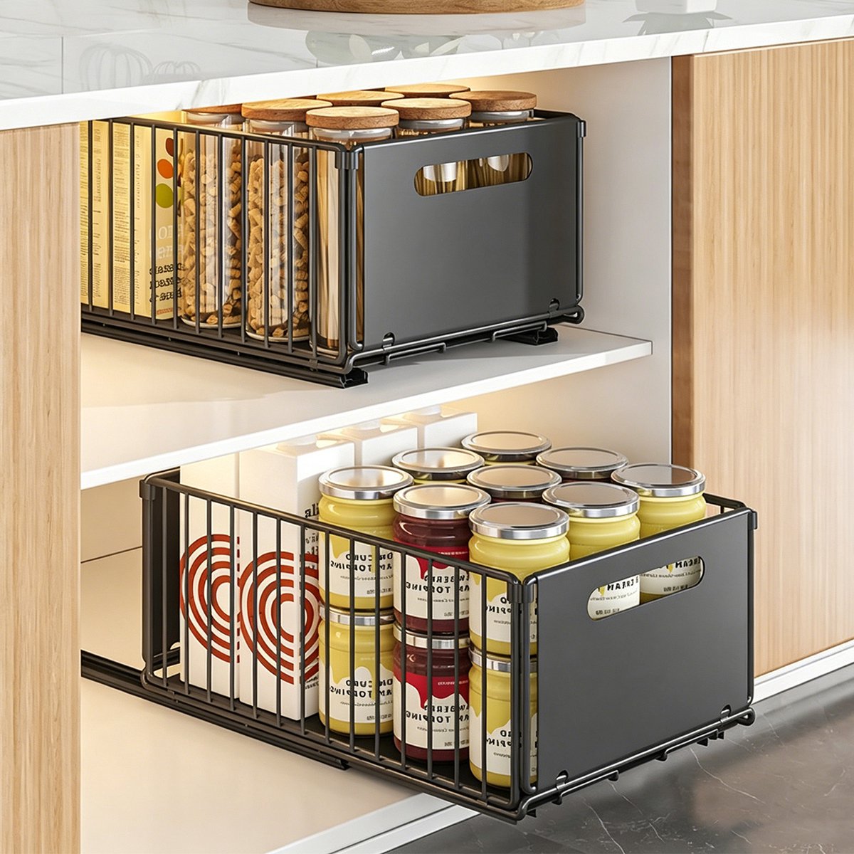 REFTTENW Uitschuifbare Keukenkast Organizer Met Verschuifbare Legplanken, Telescopische Laden, 2 Stuks, Uittrekbare Kastorganizer, Zonder Boren Of Vastnagelen