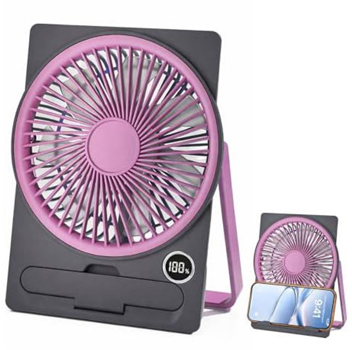 Bureauventilator, stille USB-ventilator, mini stille ventilator, ventilator met 5 snelheden, LED-display, compact (paars)