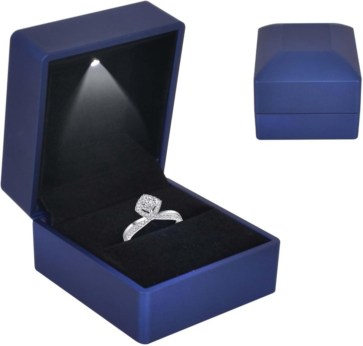 Ringdoosje met LED – 2 stuks – Fluwelen ringdozen - Geschenkdoos voor sieradenpresentatie – Fluwelen binnenkant – Geschikt voor bruiloften, verlovingen en feestelijke gelegenheden – Perfect cadeau – 5,8 x 6,3 x 5 cm – Blauw