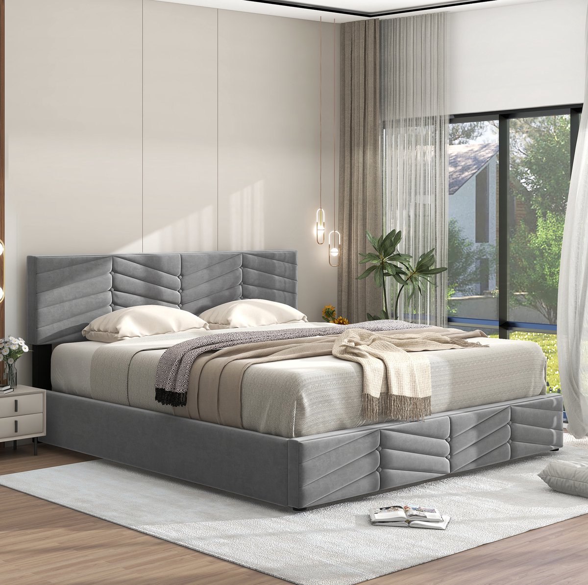COVREO Bedframe 140x200 cm - grijs velvet, opbergruimte, verstelbaar hoofdeinde, zonder matras