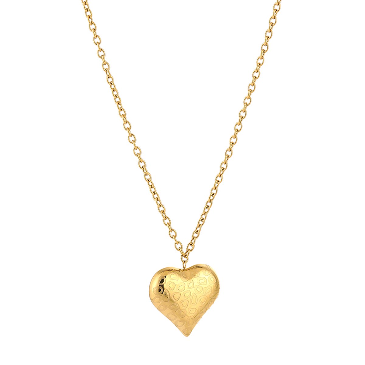 Lange Dames Halsketting 80 cm - Schakelketting met Puffy Hart Hanger & Luipaardprint - Goud