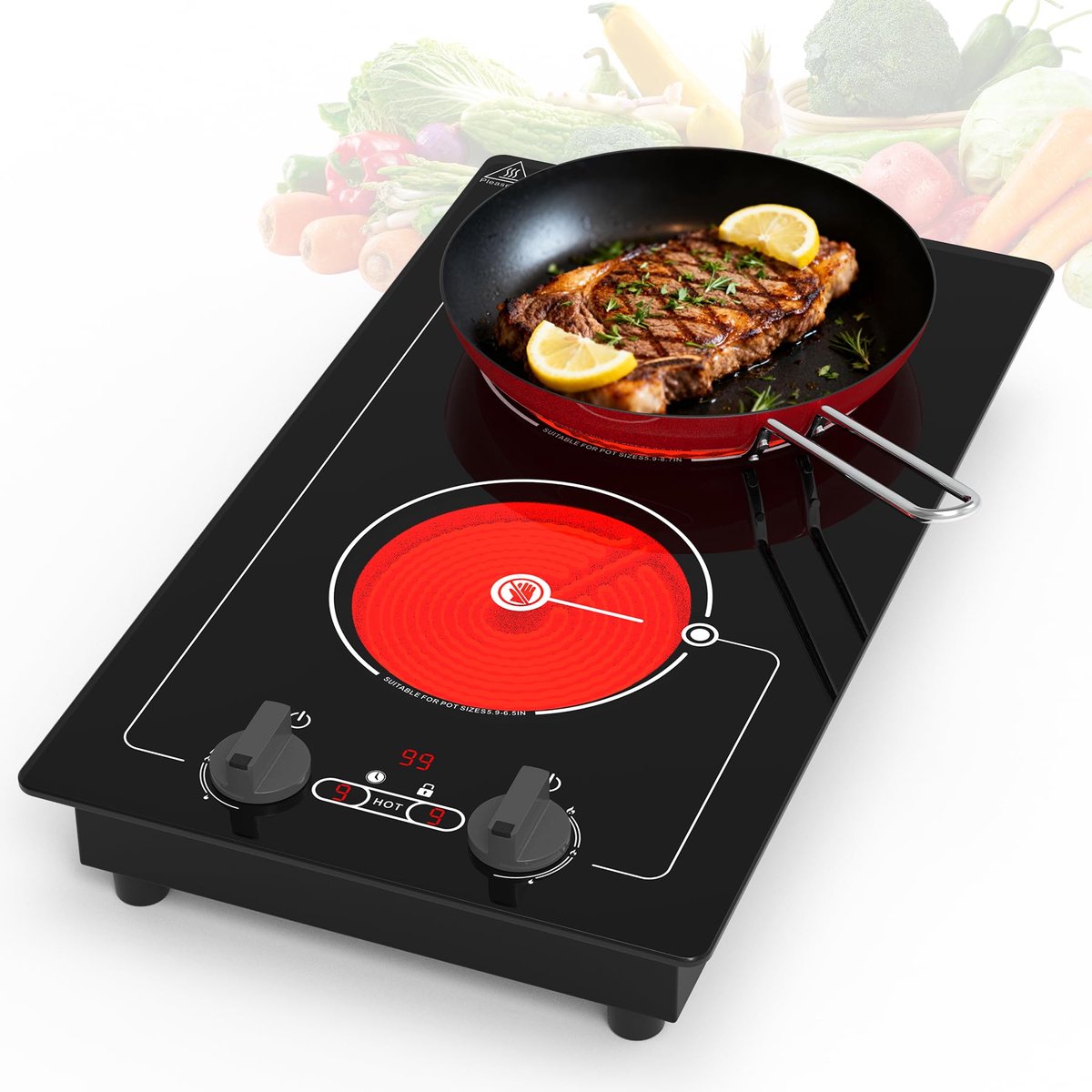 SnelShoppen - Keramische Kookplaat met 2 Branders, 220V, 3000W, Elektrische Kookplaat met 9 Niveaus, Kinderbeveiliging, Timer - Perfect voor Keuken, F