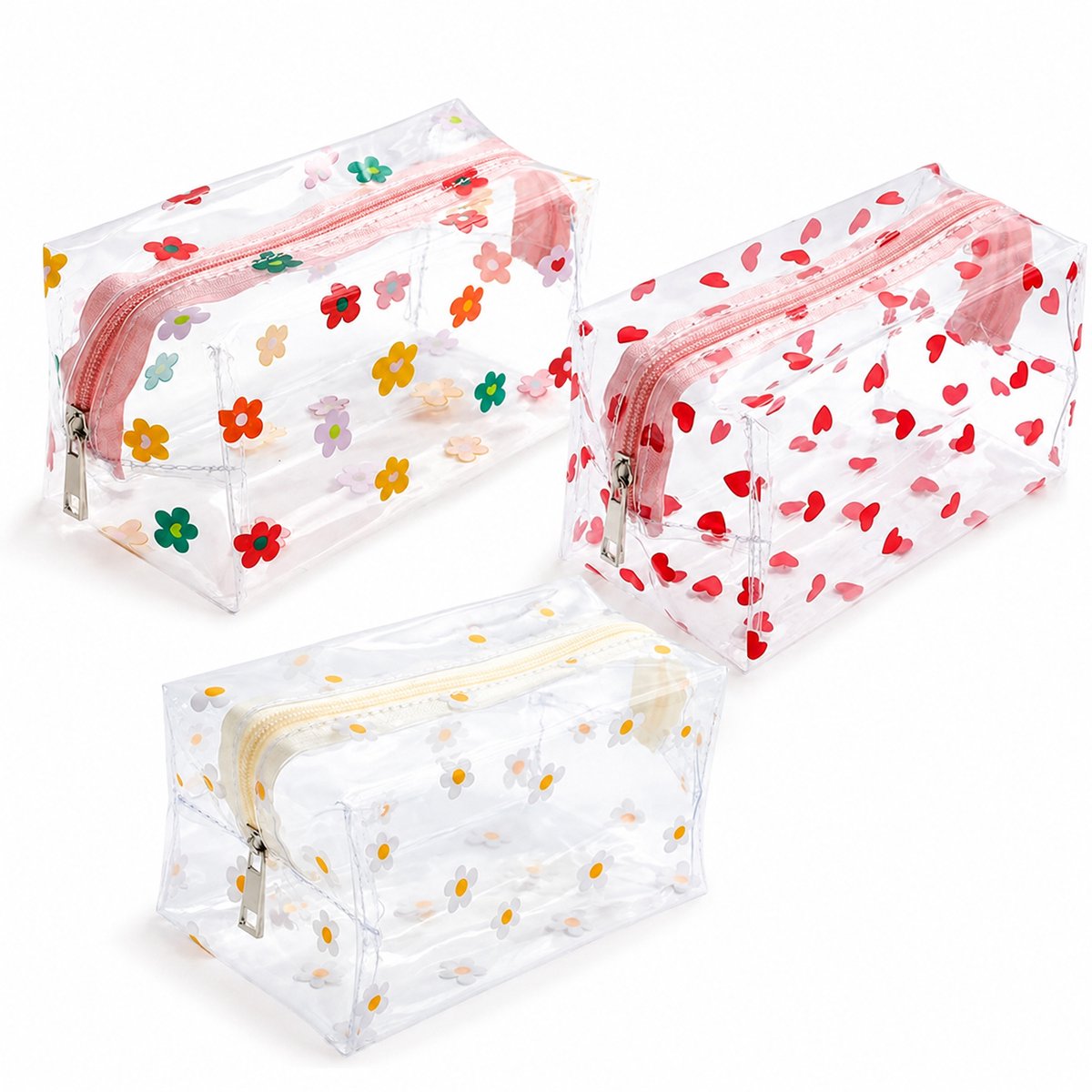 3-Pack Transparant Etui met Bloemenprint - Luxe PVC Pennenetui voor School en Kantoor - Etui met Rits en Handvat voor Dames en Meisjes