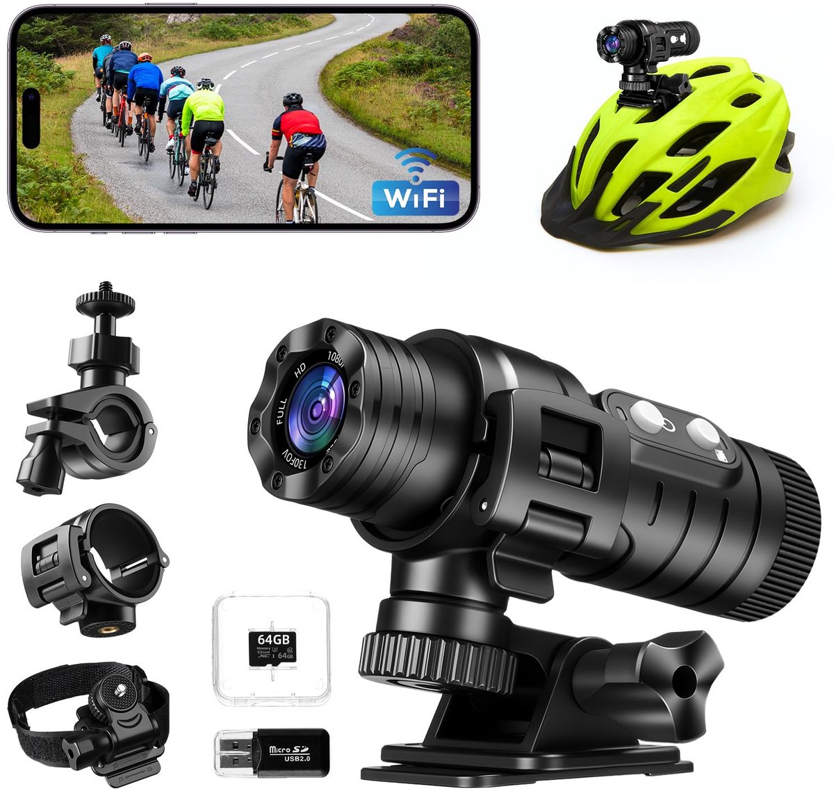SnelShoppen - Professionele Sportcamera Motorfiets - Wifi, Waterdicht IP66, 1080P HD, 120° Groothoek, Automatische Nivellering, Eenvoudig Verbinden