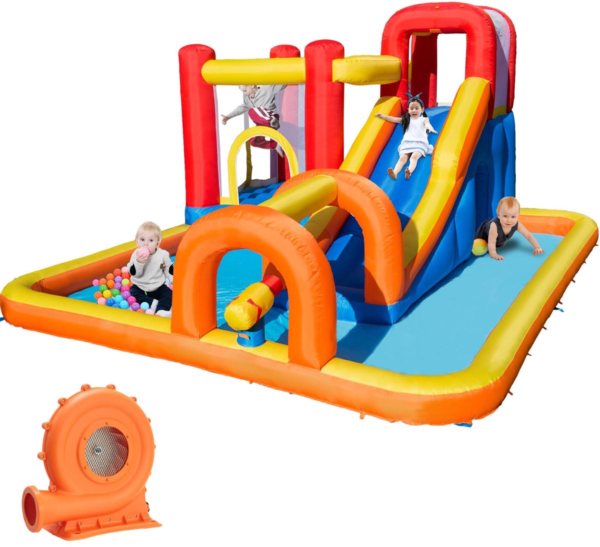 SnelShoppen - Baralir Springkasteel met Ventilator, Droog-/Waterglijbaan, Geschikt voor 3-5 Kinderen, 400x320x200 cm, Bouncy Castle voor Binnen en Bui