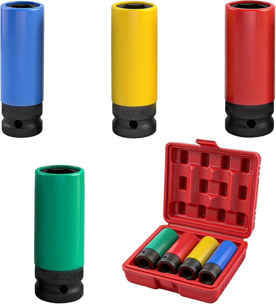 4-delige slagmoerdopjes set 1/2 inch voor het wisselen van banden en velgen, geschikt voor elektrische en pneumatische moersleutels, 17/19/21/22 mm maten