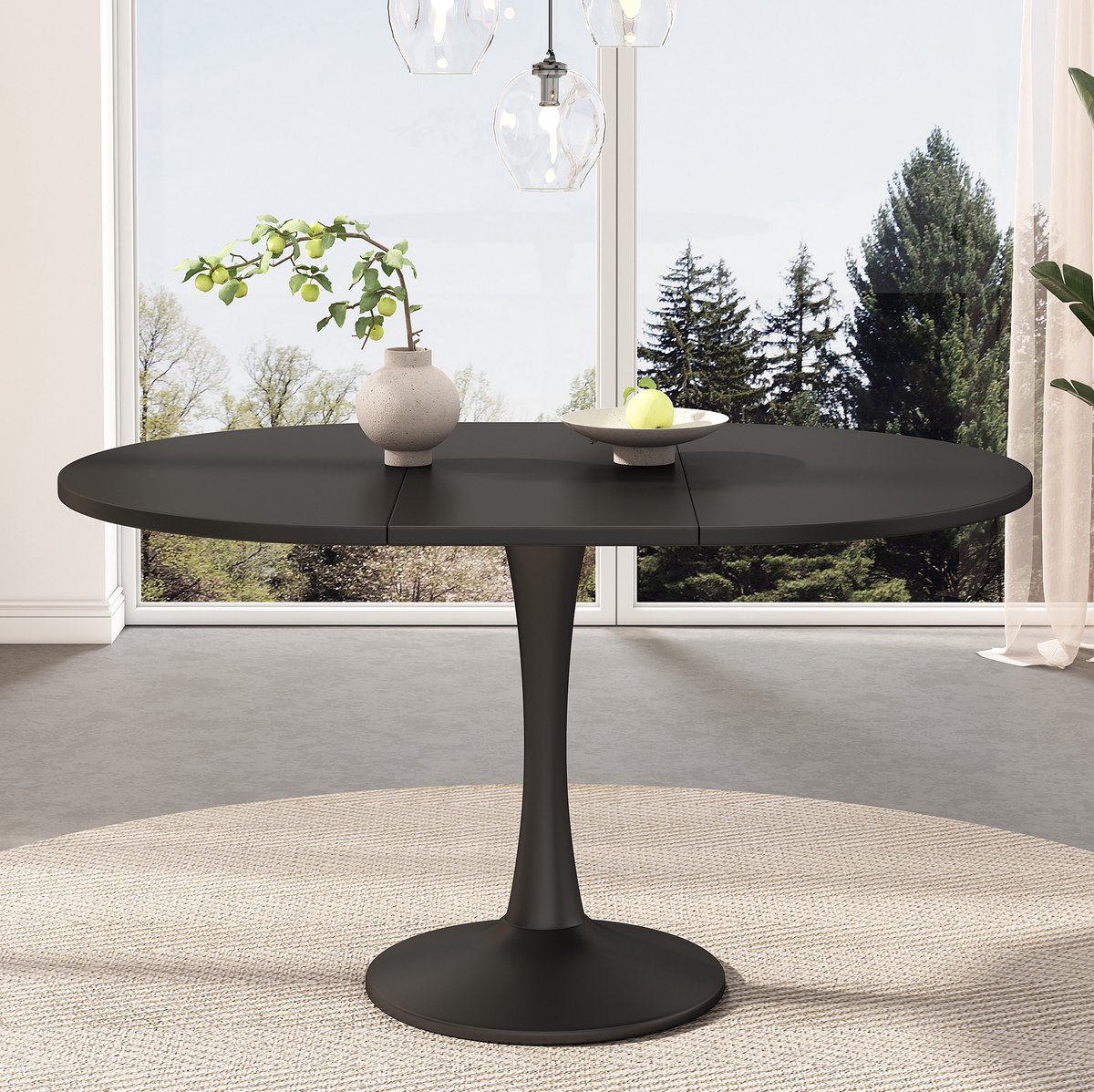 MEUNIQ Uitrekbare ovale eettafel 140 x 100 x 75 cm, zwart, MDF, modern design voor eetkamer en multifunctionele ruimte