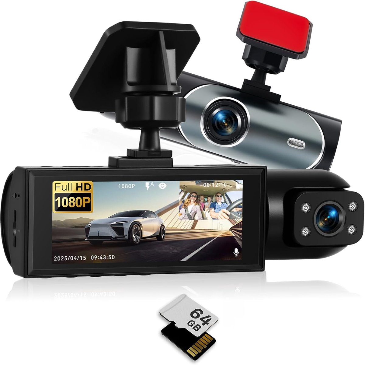 SnelShoppen - Dual Dash Cam 1080p met 3,16 inch Voor- en Zij-camera, Loopopname, Nachtzicht, Bewegingsdetectie + 64 GB TF-kaart voor Auto