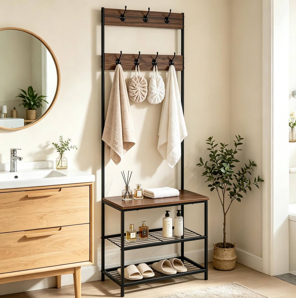 Kledingrek Met Schoenenrek En Zitbank - 3 In 1 - Metaal En Hout - Donker Hout - Compact Voor Hal En Slaapkamer Met 7 Dubbele Haken