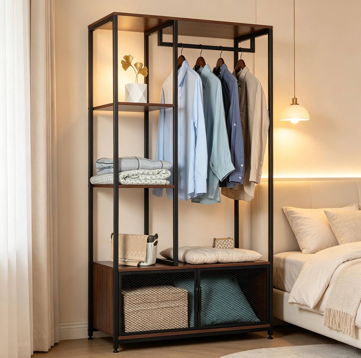 Kledingrek Praktisch 90 X 40 X 167 Cm MDF Metaal Zwart Met Planken En Kledingstang Voor Slaapkamer En Hal