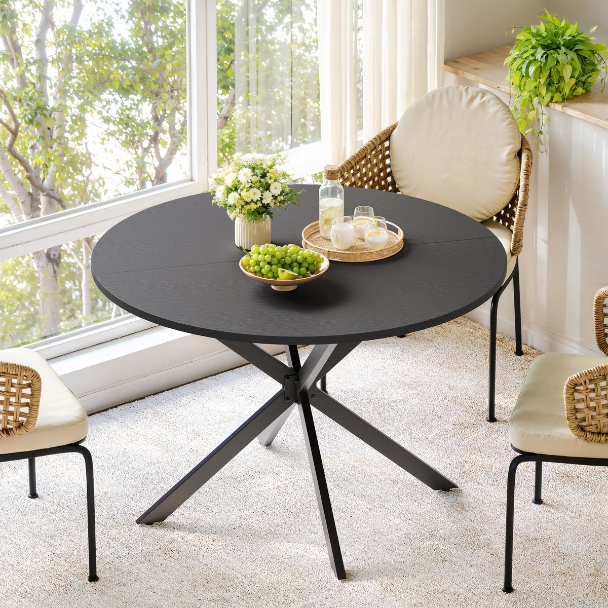 REDOM - Tafel - Ronde eettafel met X-poot - Vast tafelblad - Industriële stijl - Keuken en eetkamer - Spaanplaat en metaal - Zwart - 120 cm