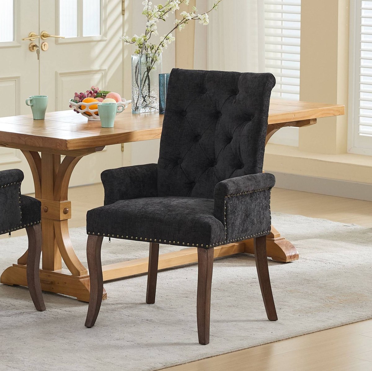 MEUNIQ eetkamerstoel met armleuningen en hoge rugleuning, chenille, gecapitonneerd, houten gebogen poten, antraciet, voor eetkamer of woonkamer Charcoal grey
