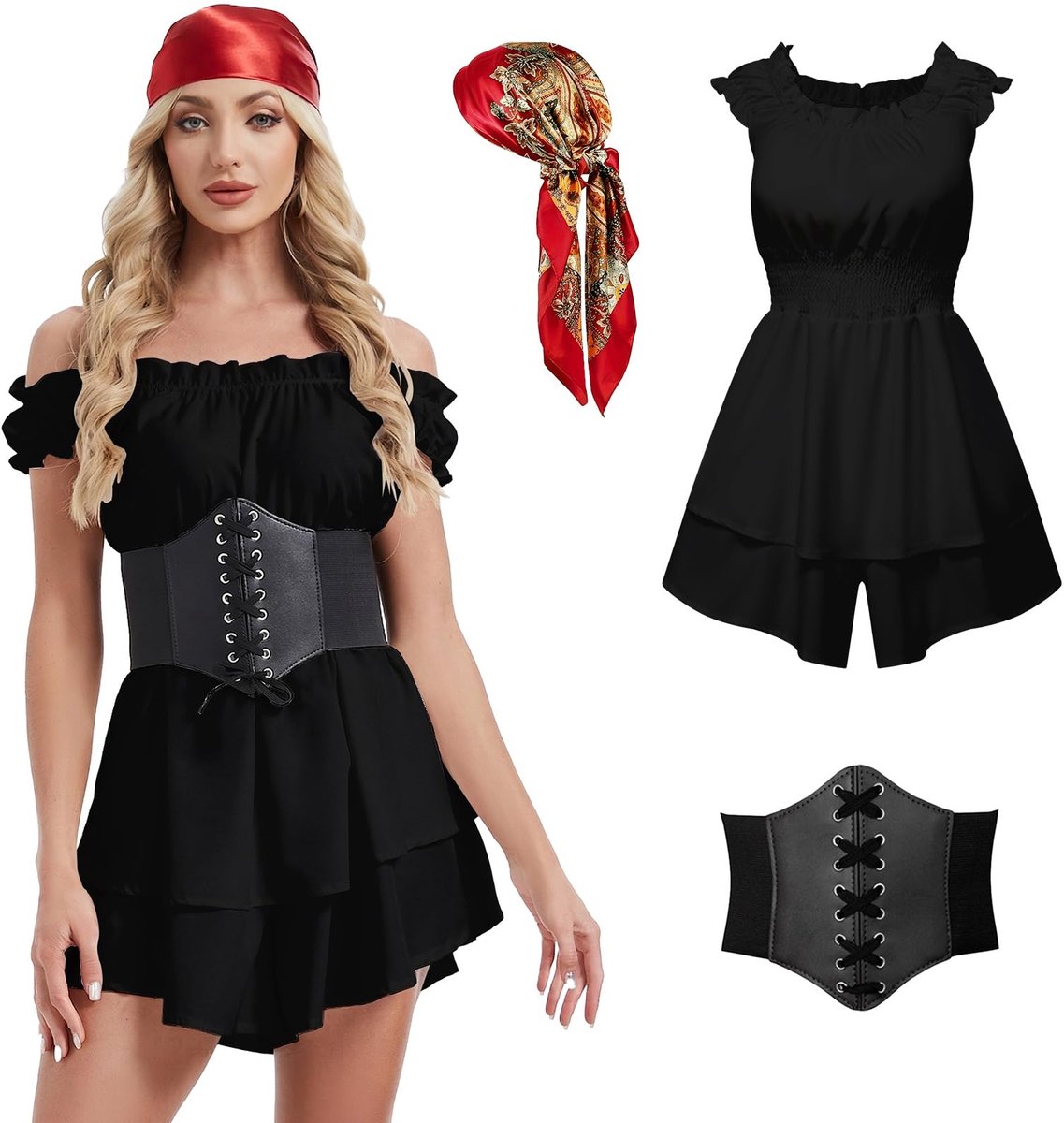 SnelShoppen - LYBOHO Piratenkostuum Dames - Piraten Outfit Vrouwen - Skort-Romper-Jumpsuit met Korsetriem en Hoofdband - Halloween en Carnaval (Zwart,