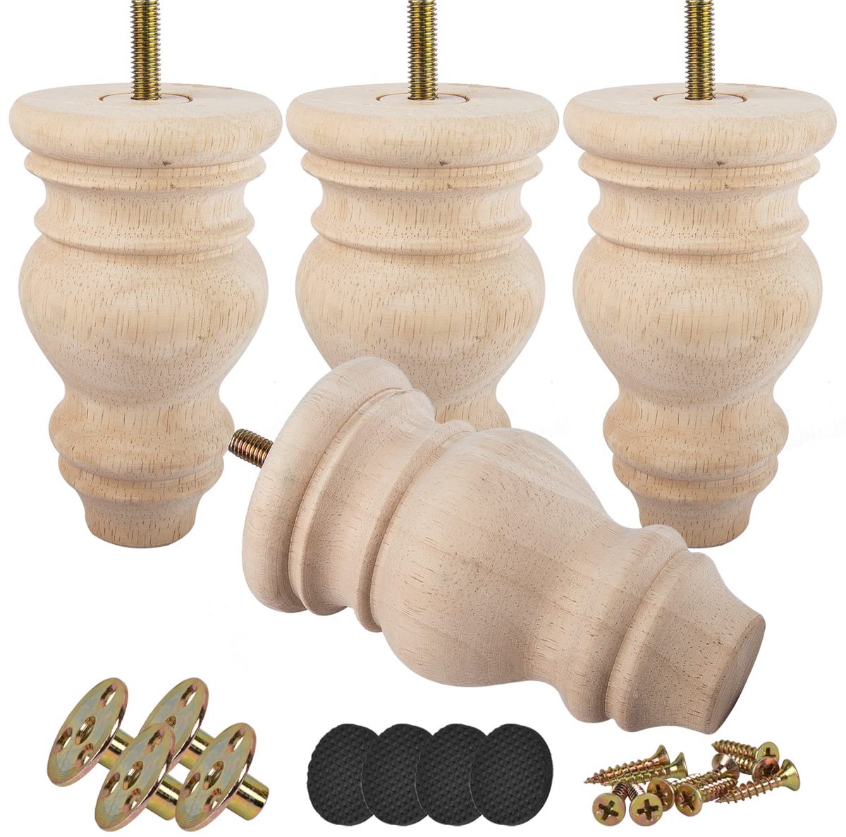 SnelShoppen - 12 cm Houten Meubelpoten - 4 Stuks - Ongelakt - Ronde Spindel - Massief Hout - Kogelpoten met M8-bouten en Montageplaten voor Stoelen, T