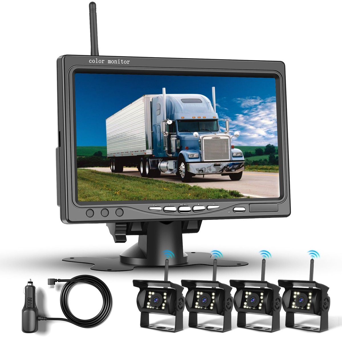 SnelShoppen - Draadloze 1080P HD quad-camera set met 7" monitor, IP68, nachtzicht, hulplijnen voor trailers, campers en bussen, 12V-36V