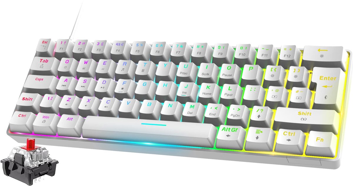 SnelShoppen - Mini 60% RGB Gaming Toetsenbord - Mechanisch Keyboard met Red Switches, 62 Toetsen, 18 RGB LED Chroma Verlichting, UK Layout, Afneembare