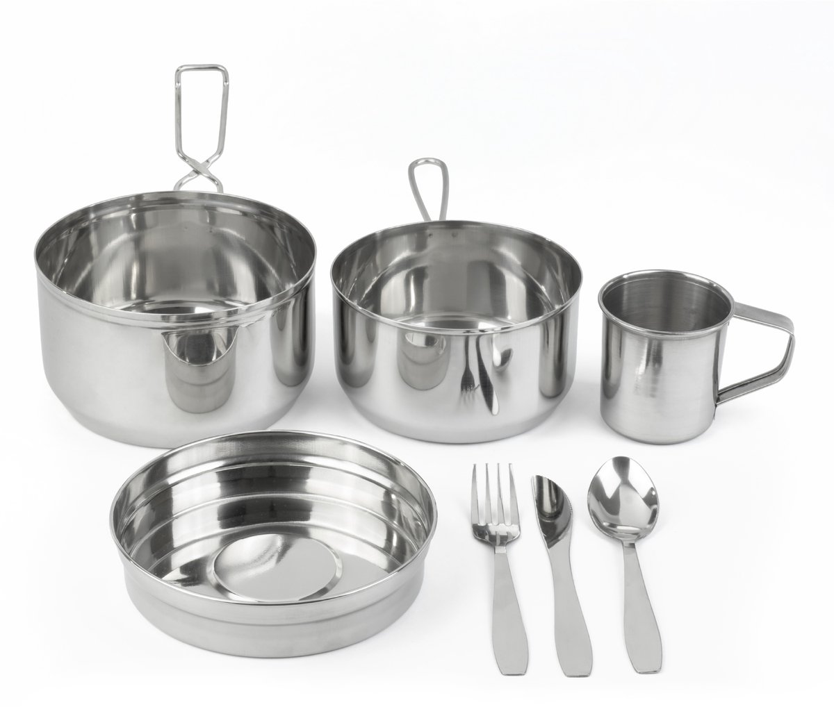 Moritz Camping Kookset 7-delig RVS – Kampeerservies met 2 Pannen, Bord, Beker en Bestek – Stapelbaar en Lichtgewicht voor Kamperen, Wandelen, Trekking en Picknick