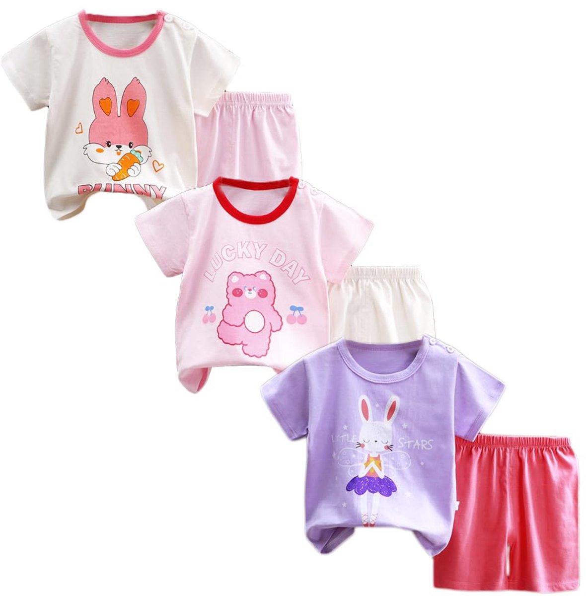 SnelShoppen - 3-delige Babymeisjes Korte Mouwen Set, Korte Broek T-shirts met Halve Mouwen, Pakket van 6, 3-9 Maanden, Perfect voor Zomer, Feestjes en