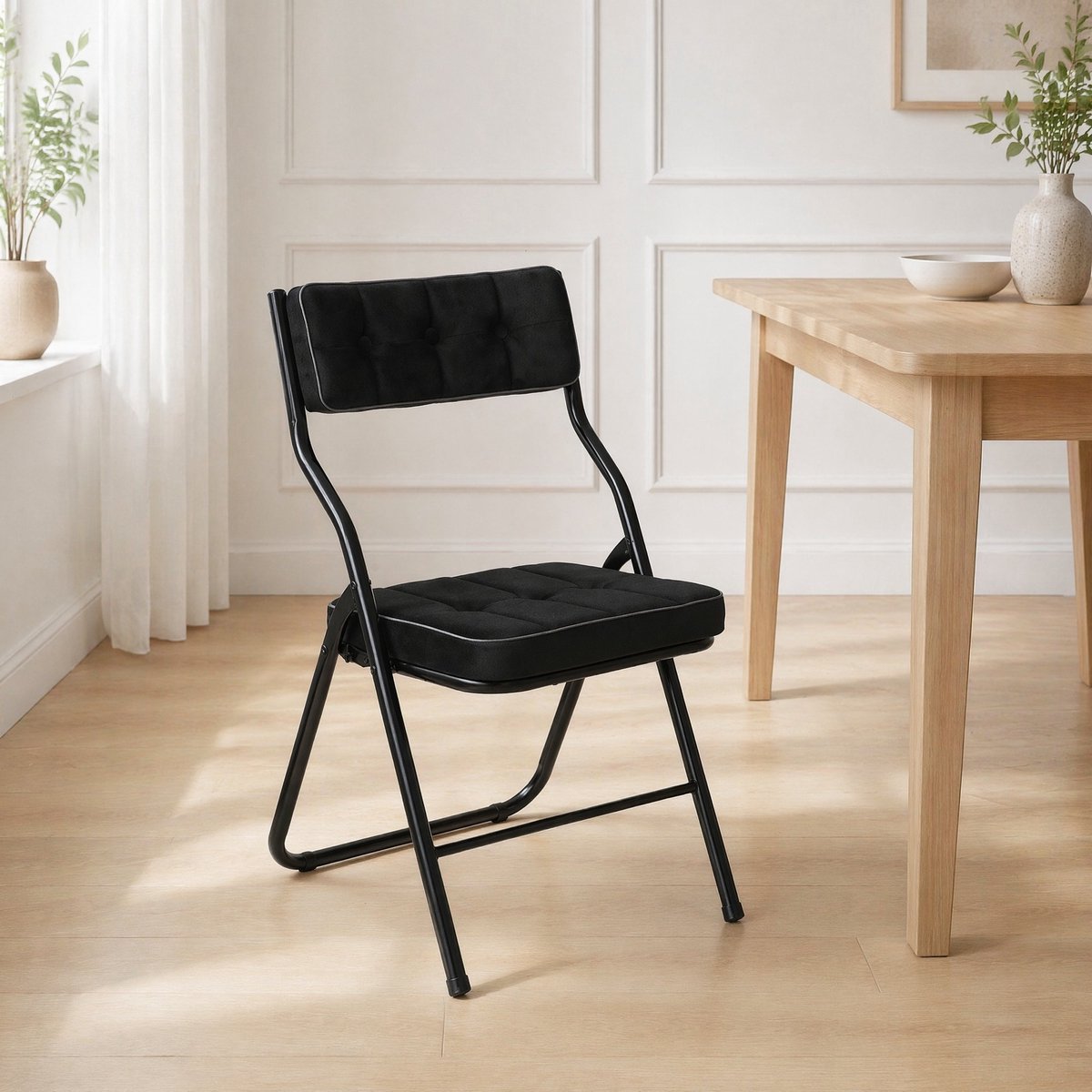 MEUNIQ inklapstoel 2-delige set, zwarte klapstoelen met gewatteerde zitting en rugleuning, stalen frame, voorgemonteerd, voor eetkamer, keuken of extra zitplaats