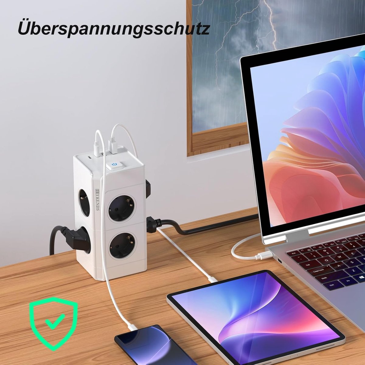SnelShoppen - Stekkerdoos met USB en Type C, 8-voudig Meervoudig Stopcontact met 2 USB en 2 Type C-aansluitingen, 12-n-1 Stekkeradapter met 2 m Verlen