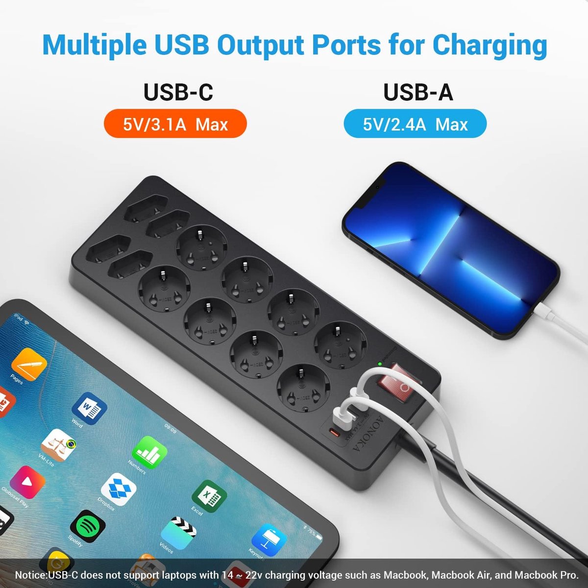 SnelShoppen - Stekkerdoos met Overspanningsbeveiliging, 12 Voudige Stekkerblok met USB-C, Ideaal voor Thuis, Kantoor, Camping en Meer
