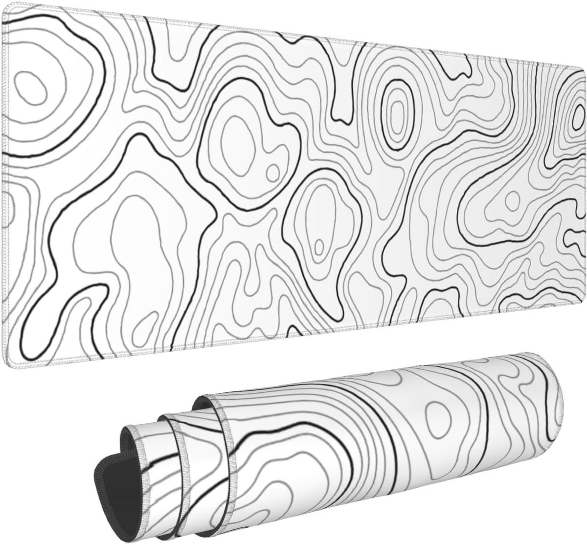 SnelShoppen - Witte Topografische Contour Gaming Muismat XL 90 x 30 cm - Geografische Kaart Lijnen Print - Grote Laptop Toetsenbord Mat Met Antislip R