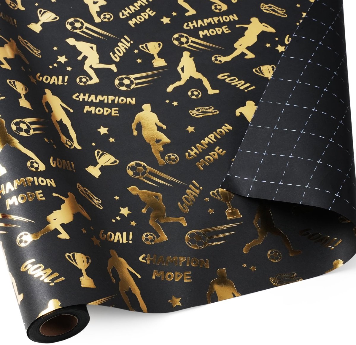SnelShoppen - Voetbalcadeaupapierrol 43 cm x 10 m, Zwart met Goudfolie, Kraftpapier Sportcadeaupapier voor Jongens en Mannen, Verjaardagen, Teamfeeste