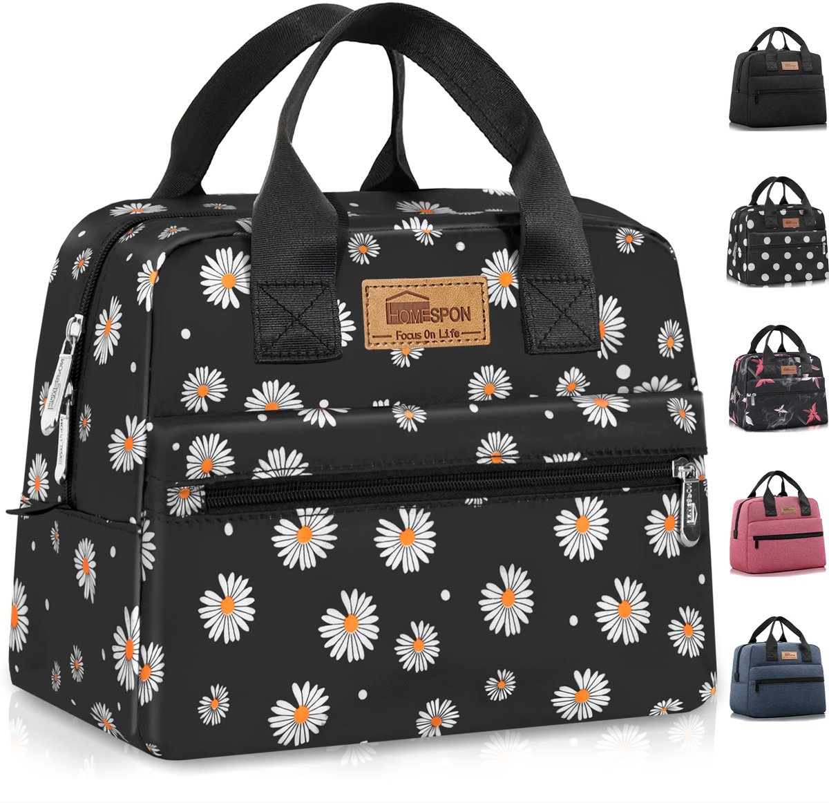 SnelShoppen - Geïsoleerde Lunchtas voor Volwassenen - Grote Capaciteit Koeltas - Dames en Heren - Zwart Madeliefje - Ideaal voor Werk, School, Picknic
