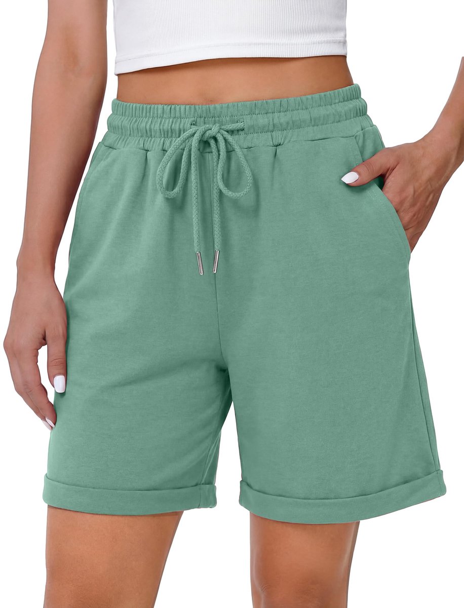 SnelShoppen - Dames Sport Shorts Korte Joggingbroek Zomer Katoen Met Zakken - Fitness Hardlopen Korte Broek Groen L
