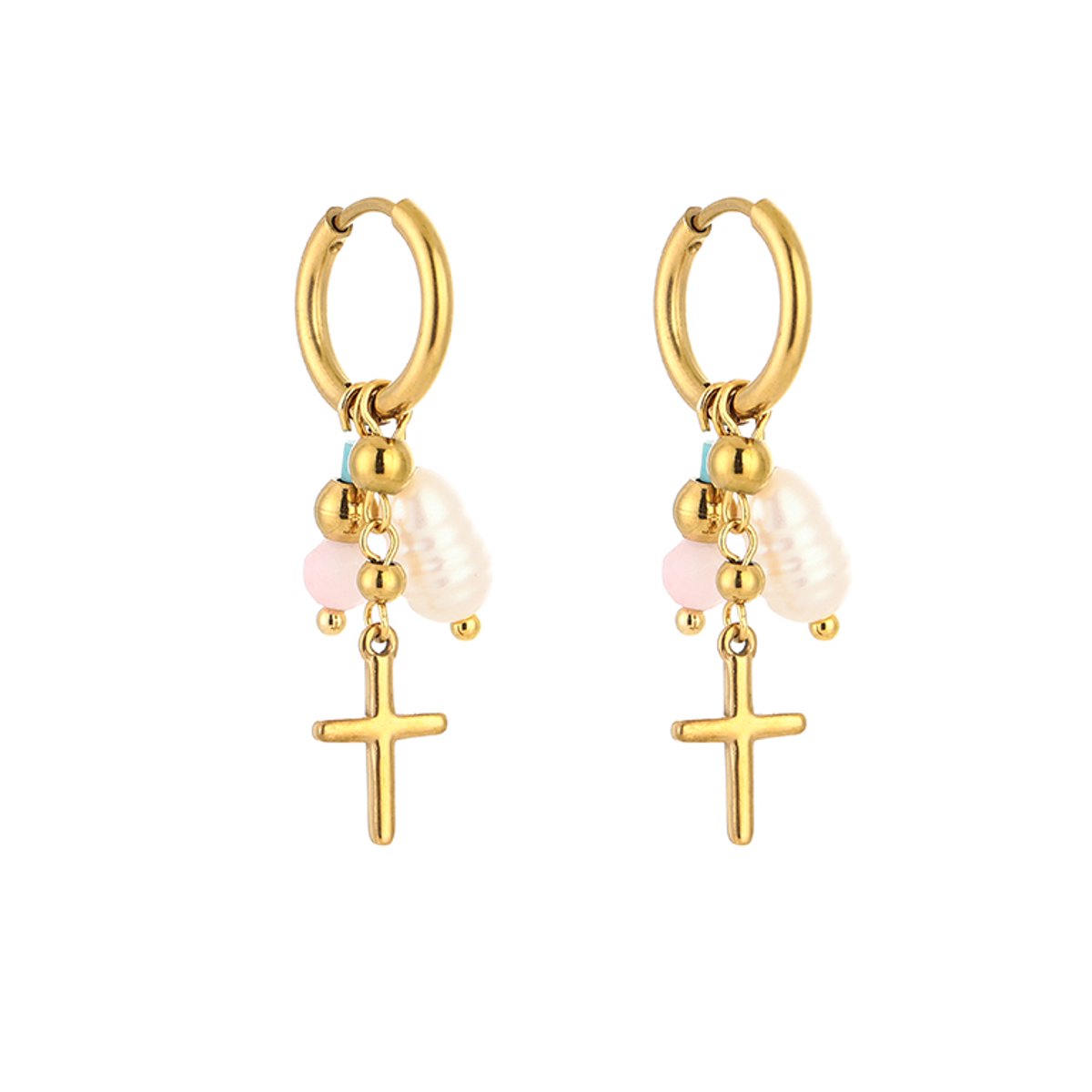 Stainless Steel Pearl & Cross Charm Huggie Hoops – Luxe Bedel Oorringen – RVS - Goud