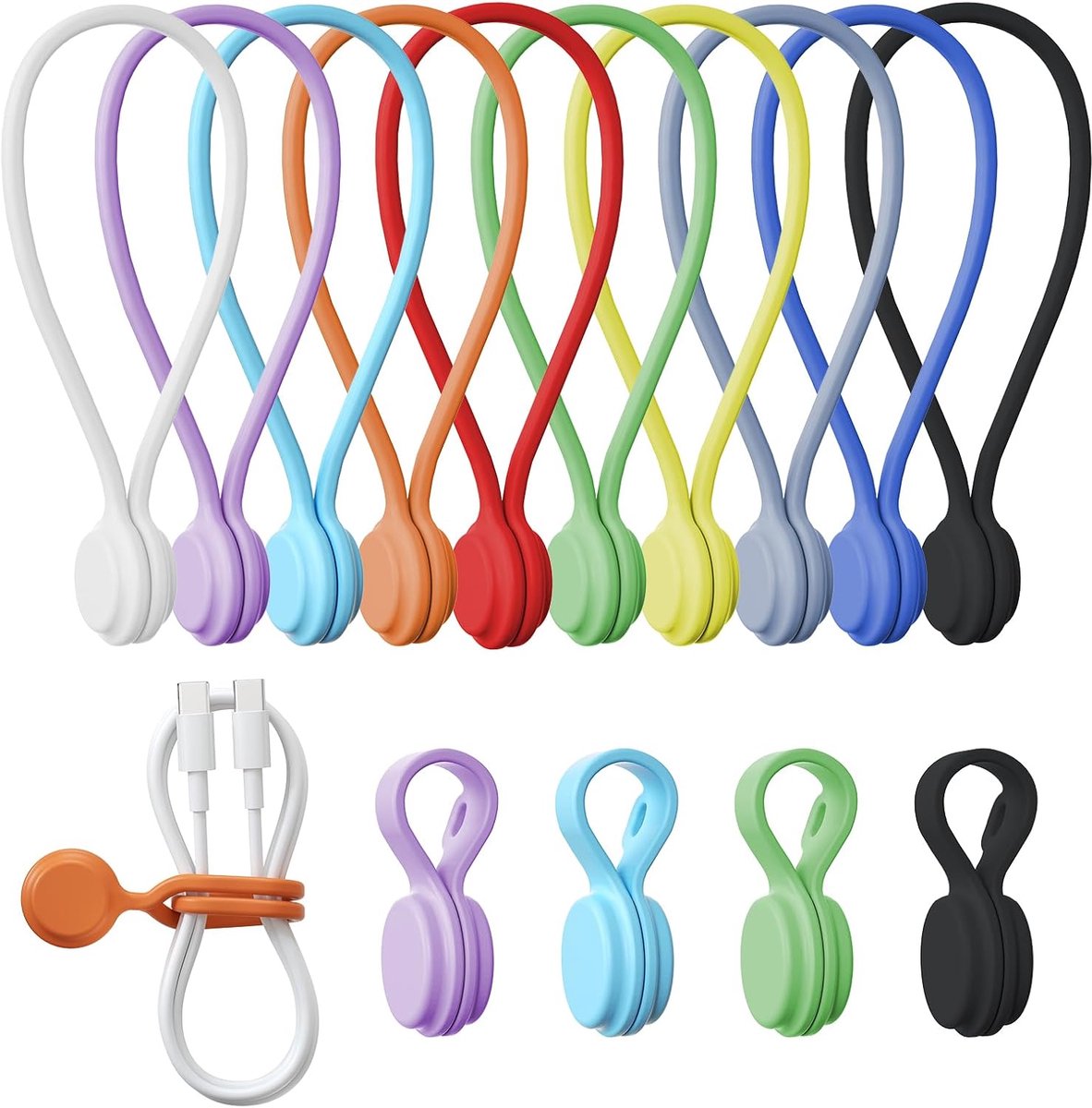 Ryoudavell - Herbruikbare Siliconen Magnetische Kabelbinders - 10 Stuks - Multifunctionele Magnetische Kabel Organizers & Tie Wraps - Voor Kabels, Koelkastmagneten, Boekenleggers