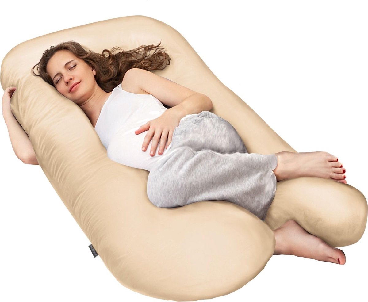 SnelShoppen - Zwangerschapskussen U-vorm, Zijslaper Kussen, Positioneringskussen, Baby Kussen & Borstvoeding Kussen, Katoen, 120 x 70 cm, Beige, XL