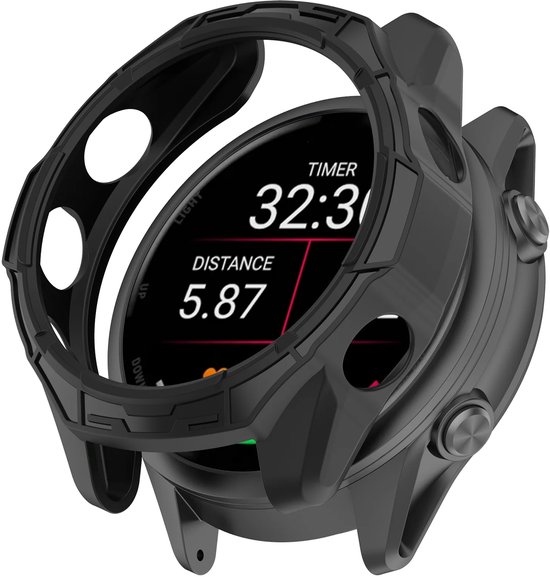 Zwarte, robuuste TPU beschermhoes om een Garmin Forerunner 170 smartwatch met een scherm van 32:30 timer, 5.87 afstand en 155 hartslag.