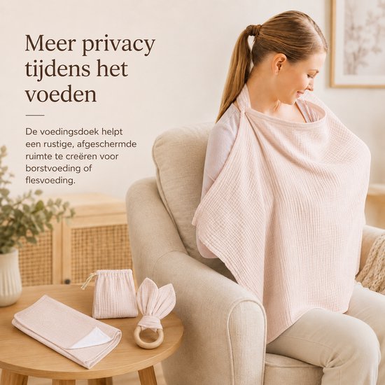 Borstvoedingsdoek Set 4-delig - Voedingsdoek - Hydrofiele Doek - Bijtring & Opbergzakje - Zacht Katoen - Beige — afbeelding 2