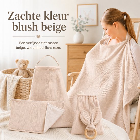 Borstvoedingsdoek Set 4-delig - Voedingsdoek - Hydrofiele Doek - Bijtring & Opbergzakje - Zacht Katoen - Beige — afbeelding 3