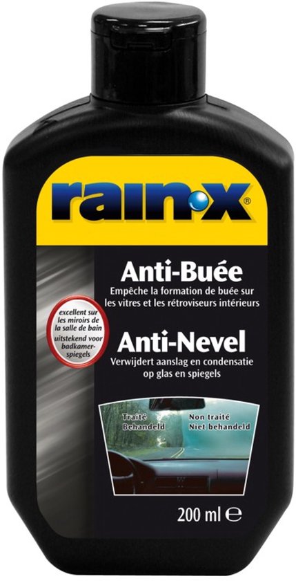 Rain-X Anti-Condens fles van 200 ml met Nederlandse en Franse tekst. Toont een voor-en-na voorbeeld.