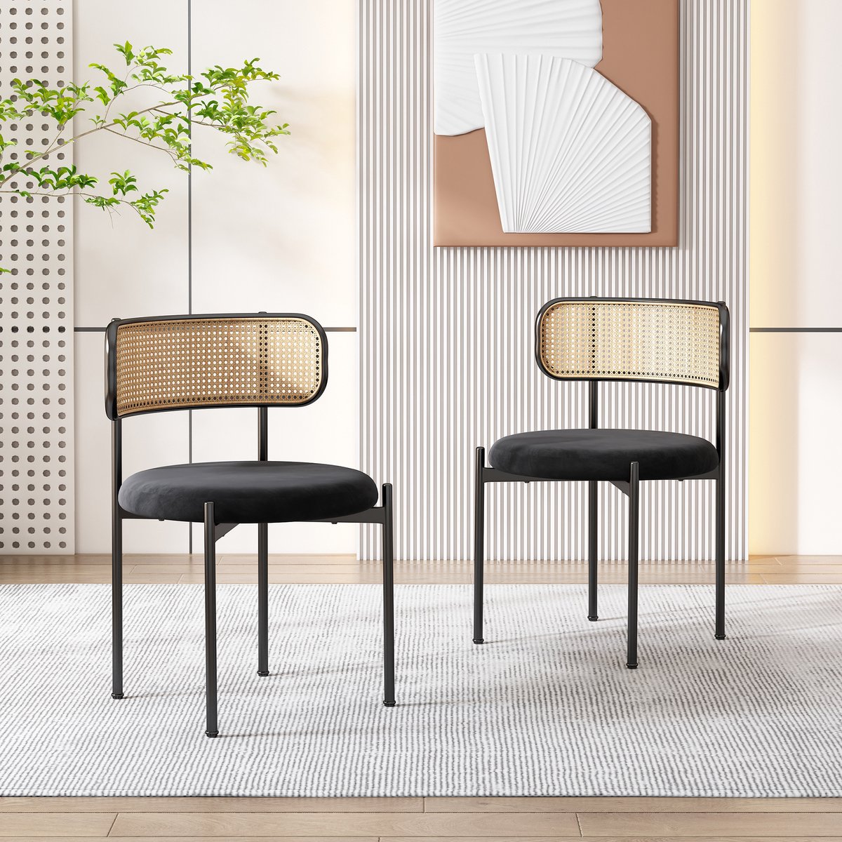 Fluwelen eetkamerstoel, set van 2, moderne, eenvoudige relaxstoel met vier metalen steunpoten, rotan relaxstoel, stoel voor woonkamer en slaapkamer, zwart