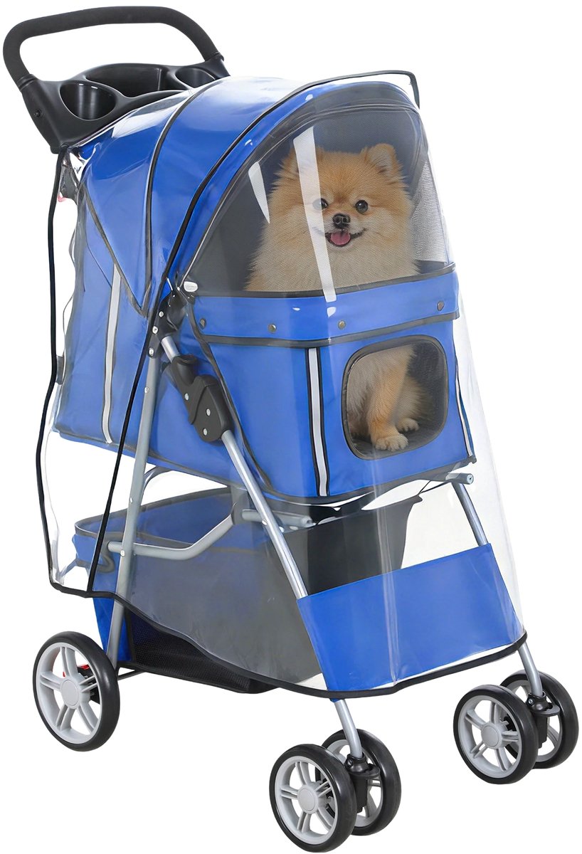 Hondenbuggy – Opvouwbare Wandelwagen voor Hond & Kat tot 10 kg met Regenhoes – Blauw